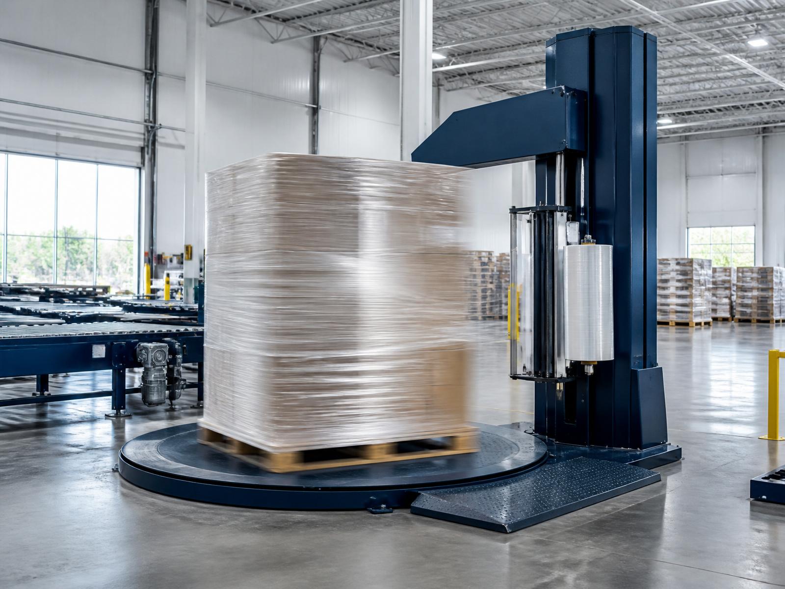 Wikkelmachine wikkelt pallet met stretchfolie
