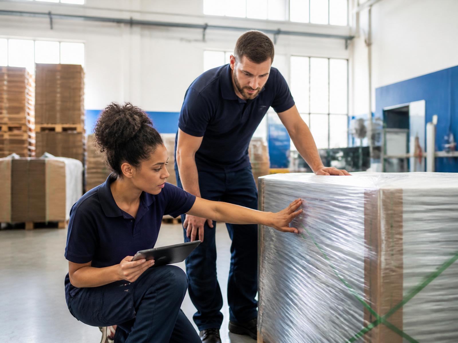 123Plastics specialists inspecting a wrapped pallet